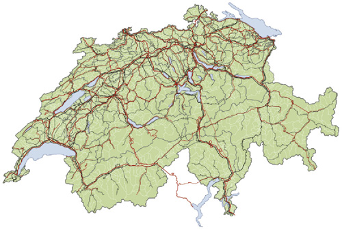 Superposition of the initial layers: topographic metric of commune partionning and of the transportation network.